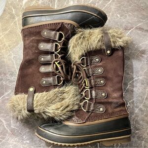 Sorel Chocolate Brown Joan of Arctic Waterproof Tall Boots Lace Up Faux Fur